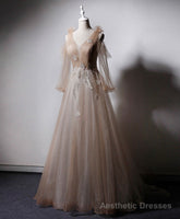 Champagne V Neck Tulle Lace Long Prom Dress, Champagne Formal Evening Dress